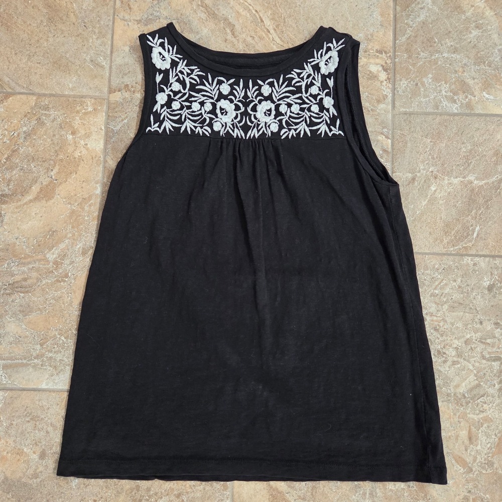 Talbots Petites Black Cotton Boho Tank Top White Floral Embroidery‎ SP
